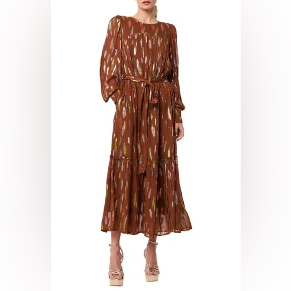 CIEBON Eryn Tie Waist Long Sleeve Maxi Dress Brown Gold Metallic, Size M